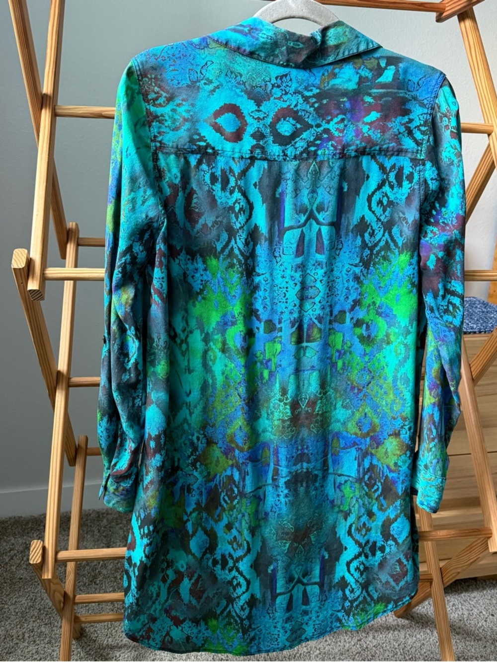 Tianello Silk Teal & Blue Abstract Print Button-Down Tunic style blouse - Picture 3 of 7